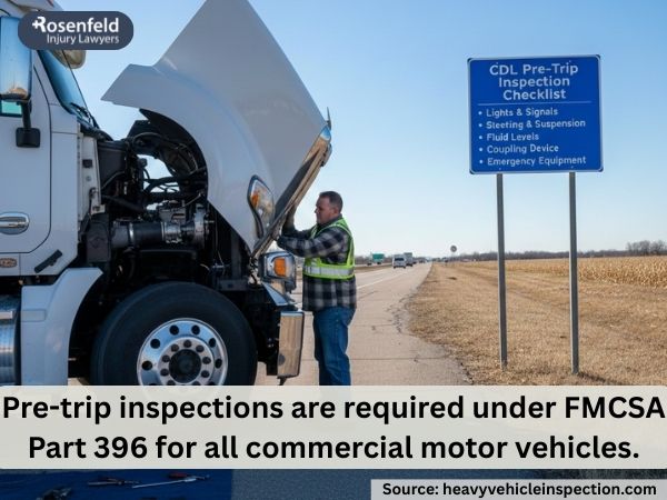 A driver performing a daily inspection of a semi-truck.