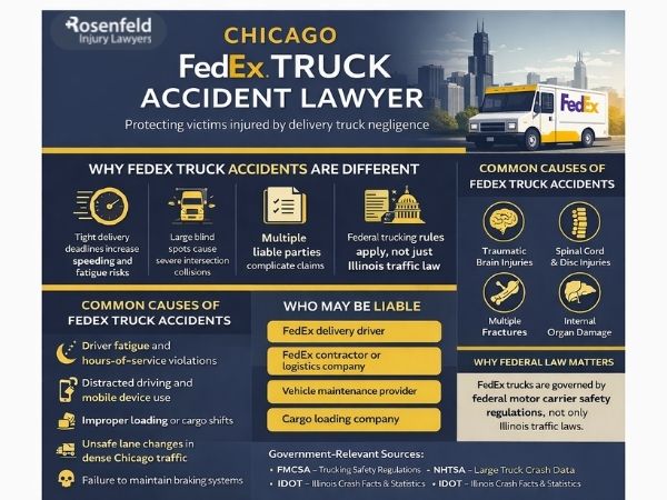 Assessing vehicle damage after a FedEx truck accident.