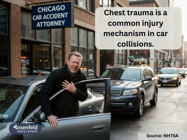 Emergency medical care for a suspected heart attack after a car accident.